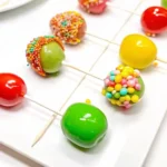 Colorful Jolly Rancher grapes on sticks coated with candy and sprinkles for a fun party treat