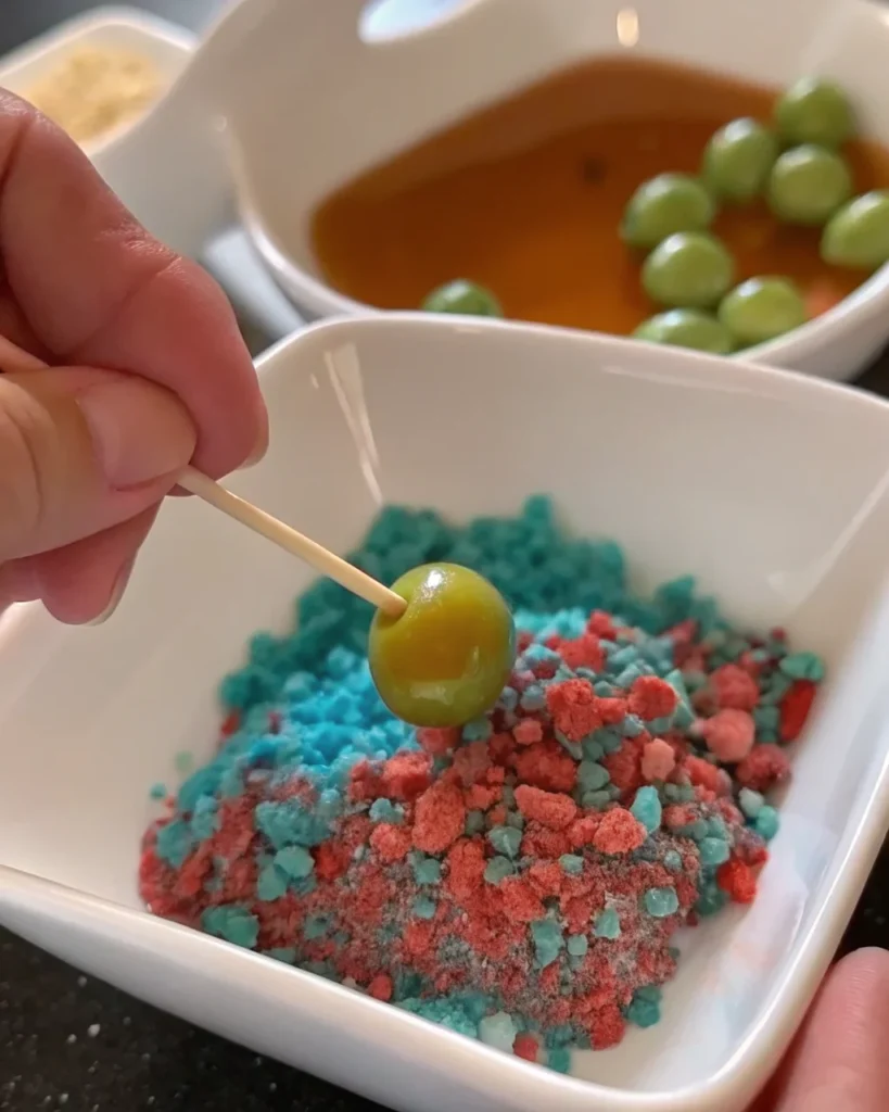 Skewered Jolly Rancher candy grapes coated with colorful sugar crystals and rock candy, arranged on a white surface.