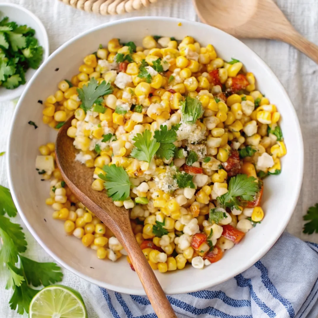 Vibrant Mexican Street Corn Salad with charred corn, creamy dressing, cotija cheese, jalapeño, and fresh cilantro in a rustic bowl, perfect for Cinco de Mayo party food celebrations.
