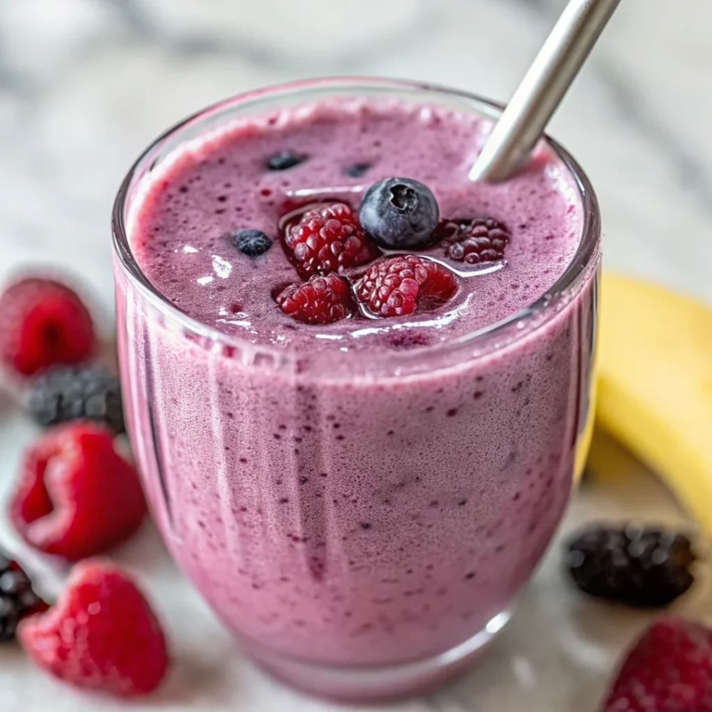 Delicious protein smoothie with berries and banana, perfect for a quick and healthy snack