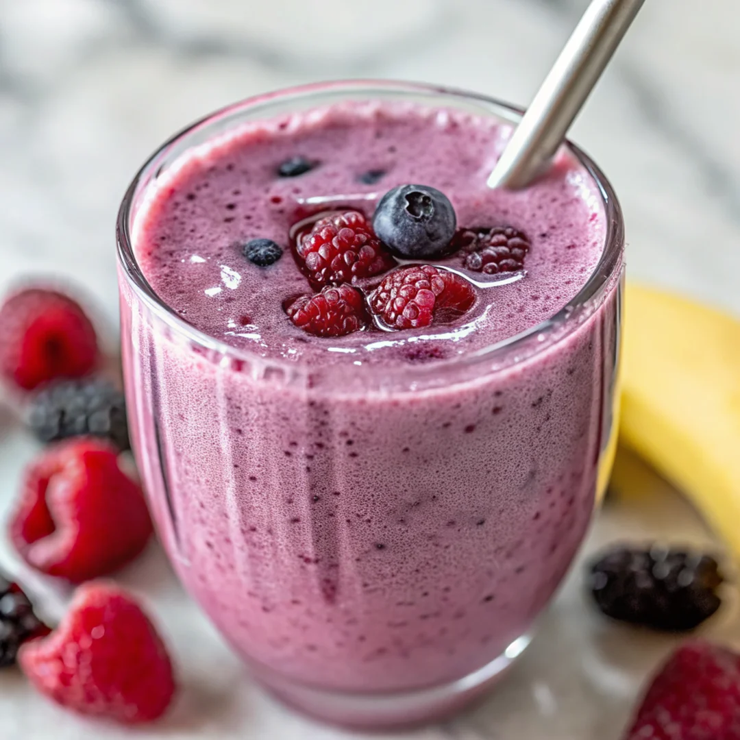 Delicious protein smoothie with berries and banana, perfect for a quick and healthy snack