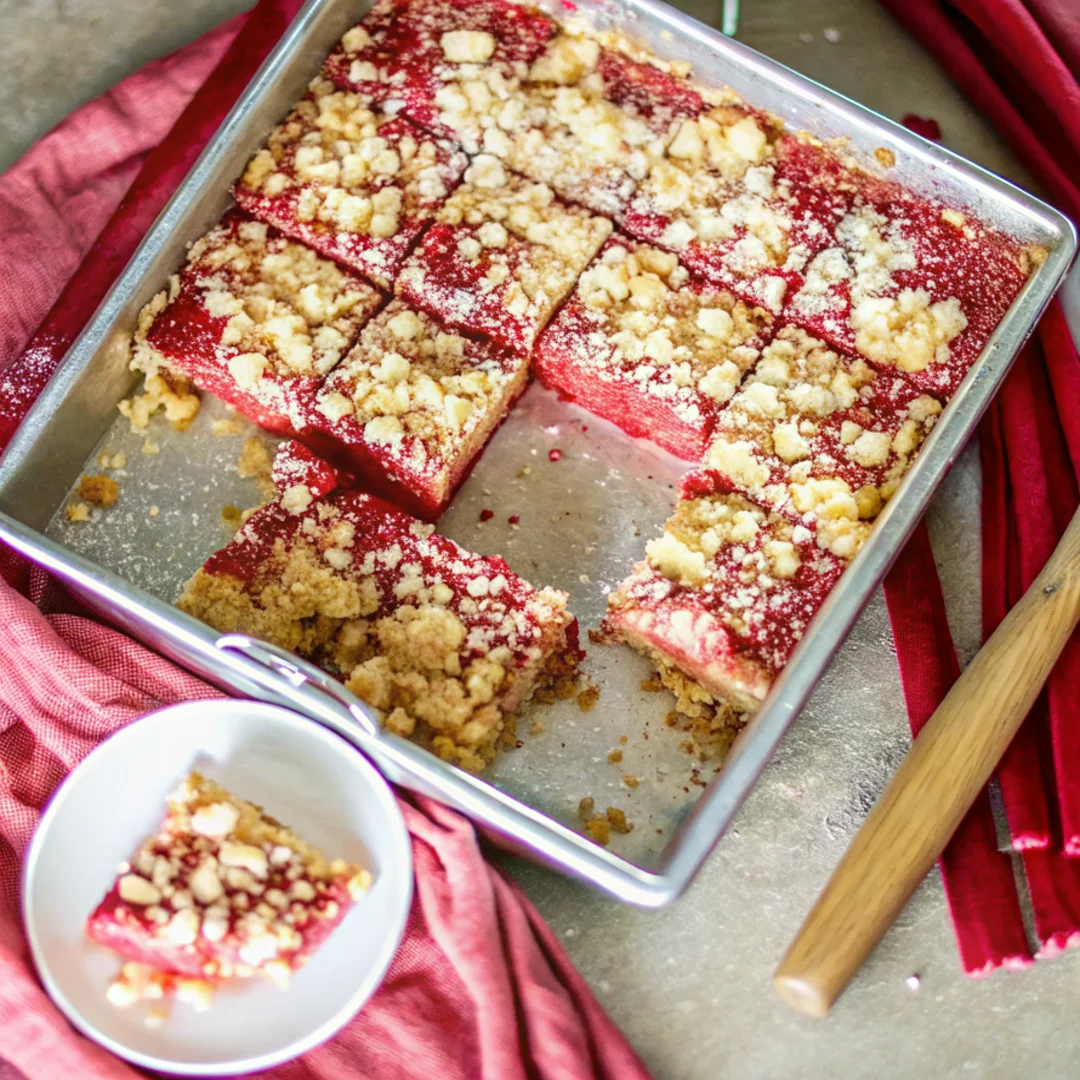 Rhubarb oat bars with a golden, crumbly texture, fresh rhubarb, and rolled oats on top.