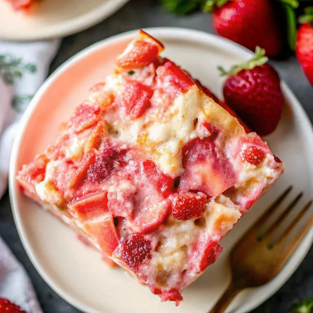 A delicious slice of strawberry rhubarb custard dessert served on a plate, featuring a vibrant mix of strawberries and rhubarb pieces.
