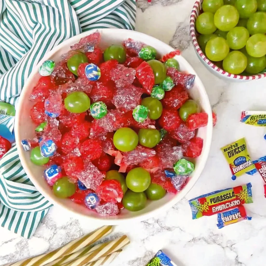 A colorful bowl of green grapes and red candy chunks mixed with Grape Jolly Rancher pieces on a white marble surface.