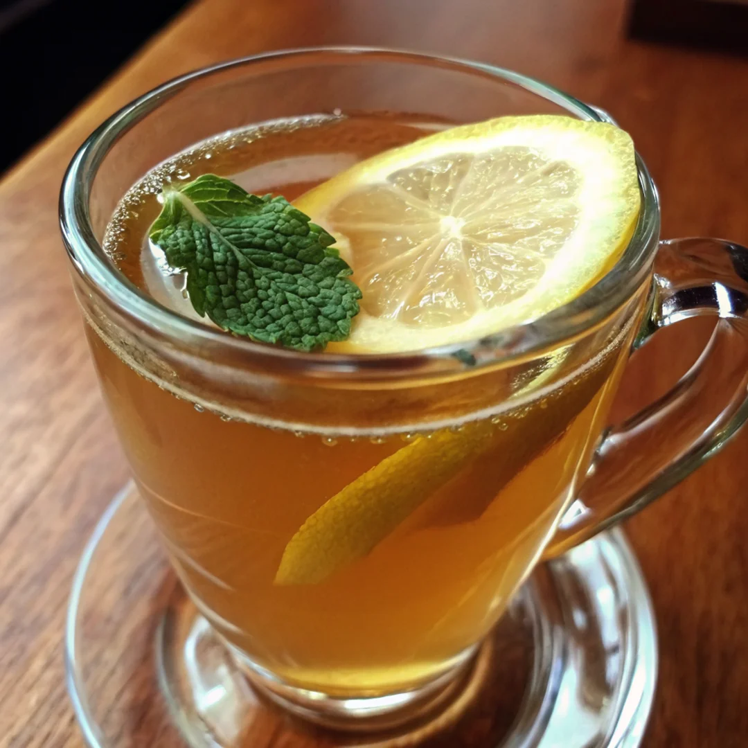Glass of golden lemon balm drink for weight loss with fresh herbs and lemon slice on wooden table