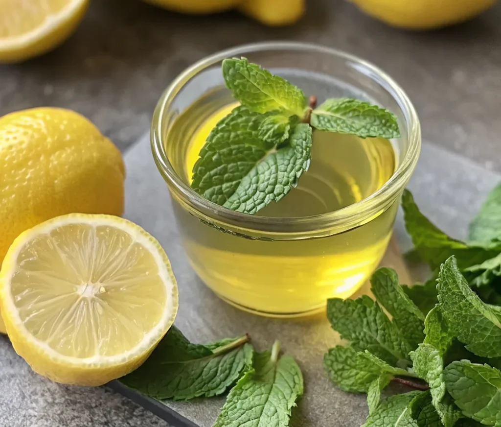 Glass of golden lemon balm drink for weight loss with fresh herbs and lemon slice on wooden table