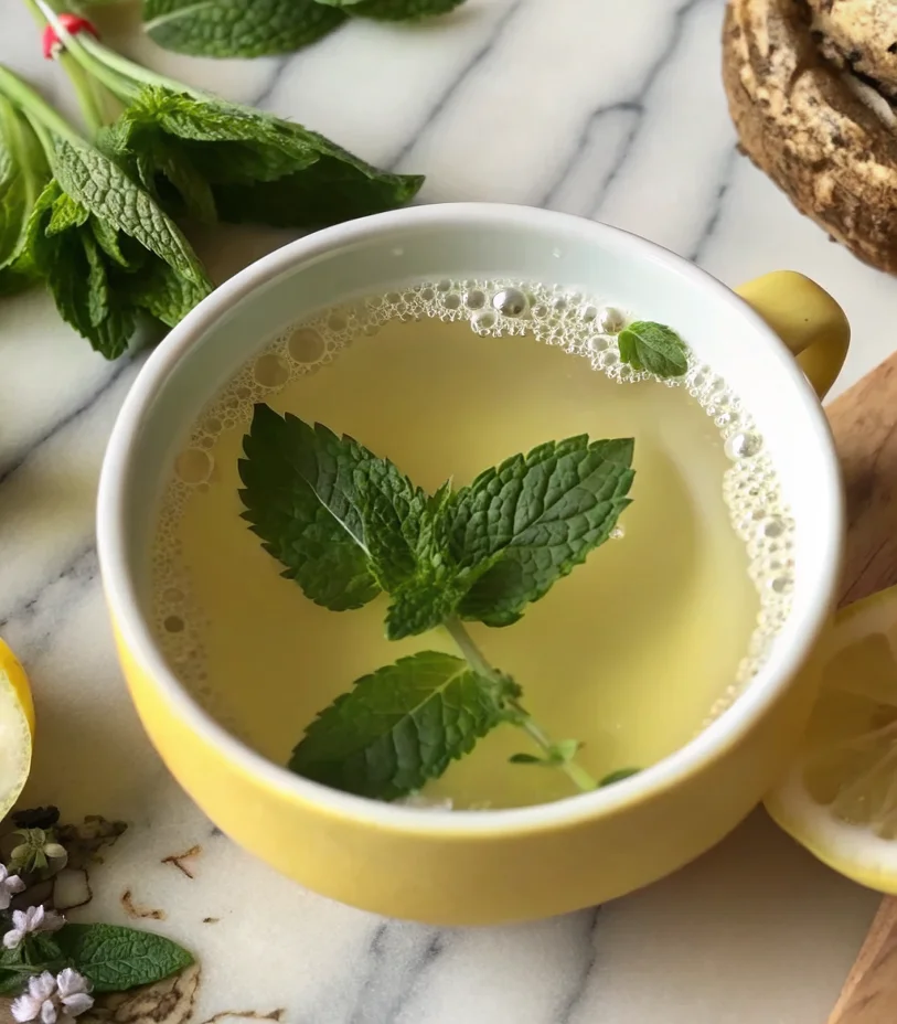 Glass of golden lemon balm drink for weight loss with fresh herbs and lemon slice on wooden table