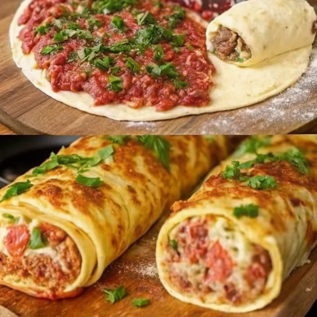 Homemade tortilla wraps with seasoned ground beef, fresh vegetables, and melted cheese on a rustic wooden serving board.