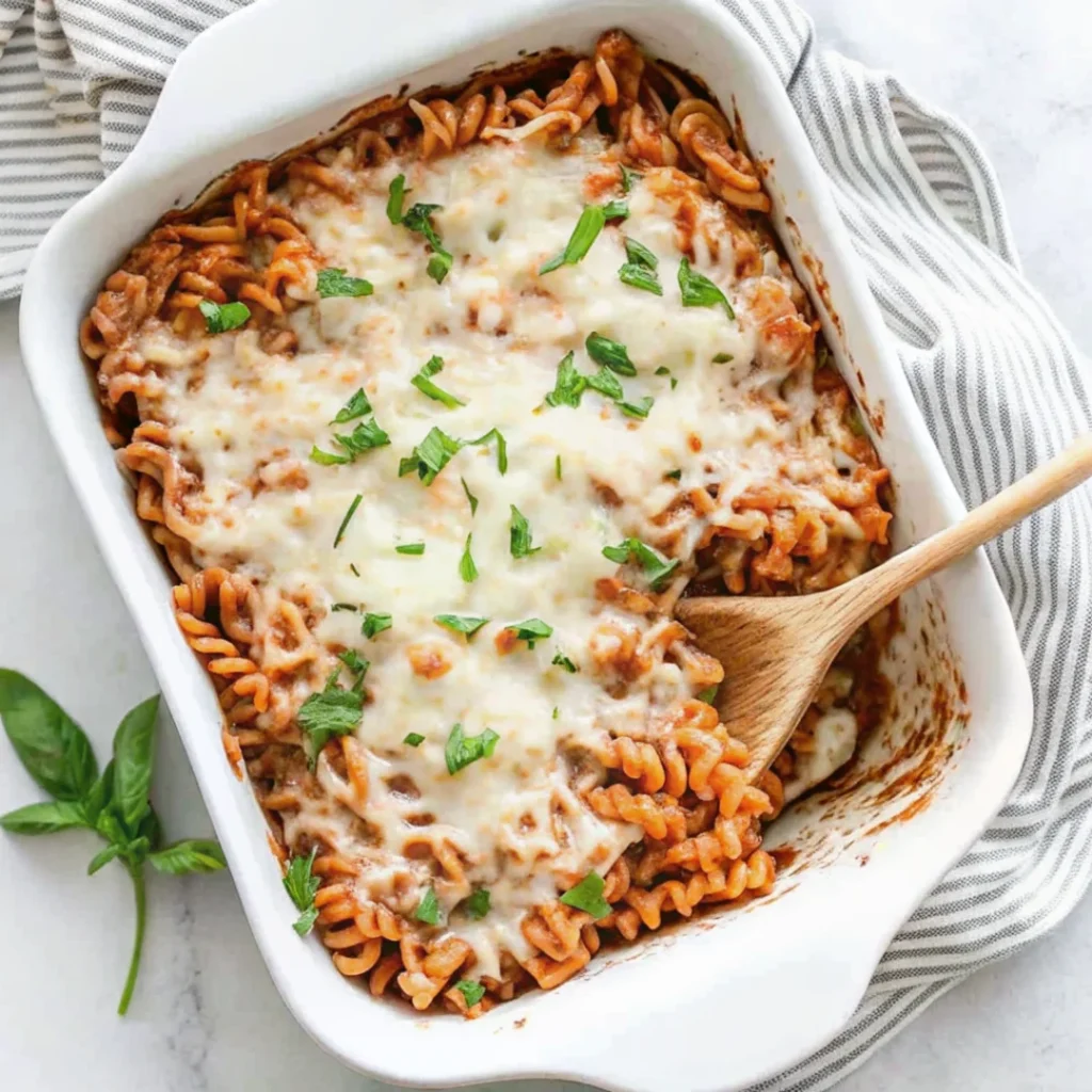 Ground beef and pasta casserole topped with melted cheese and fresh herbs.