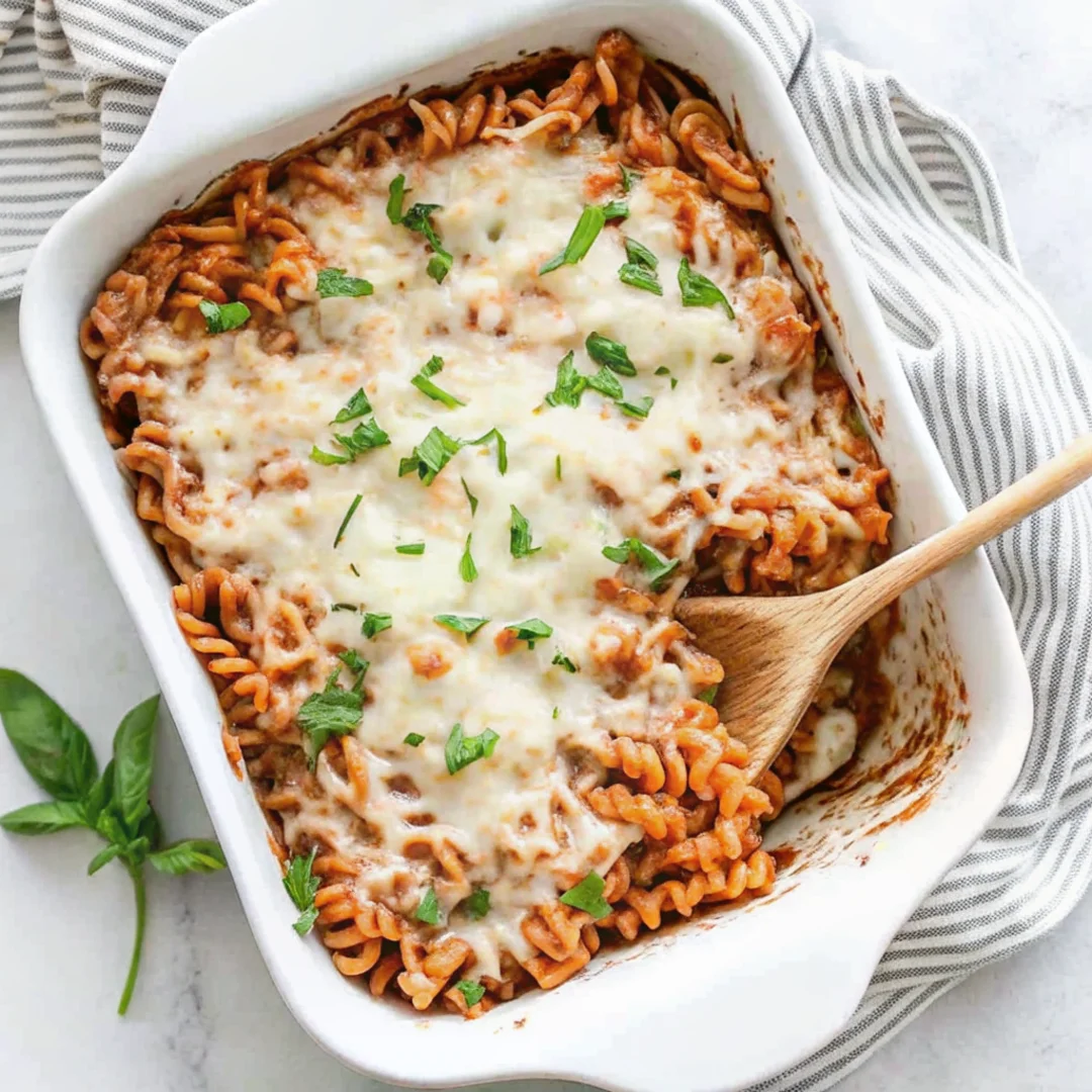 Ground beef and pasta casserole topped with melted cheese and fresh herbs.