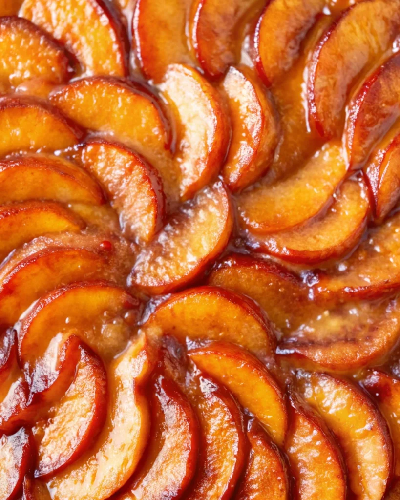 A beautifully baked peach galette with golden, flaky crust and neatly arranged fresh peach slices, served on a white plate.