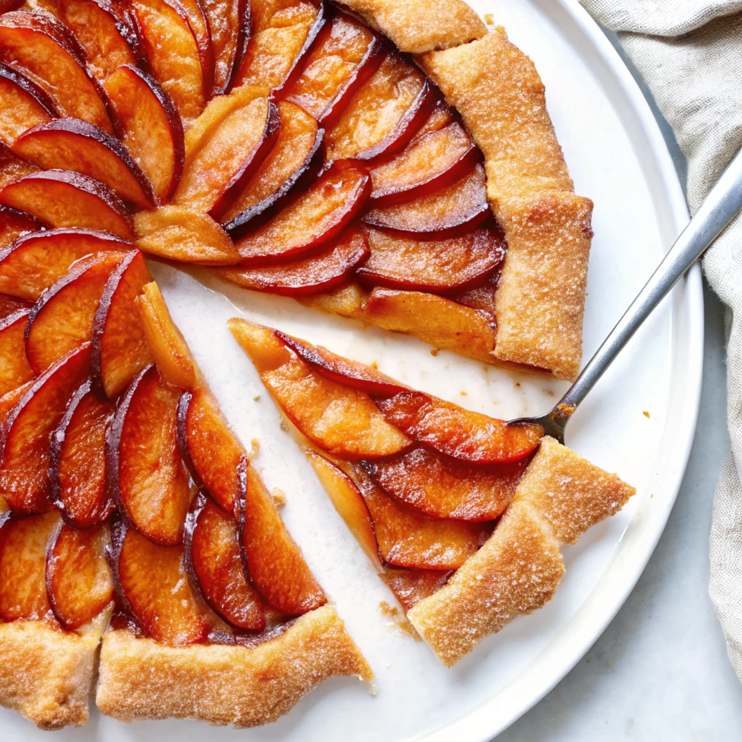 A beautifully baked peach galette with golden, flaky crust and neatly arranged fresh peach slices, served on a white plate.