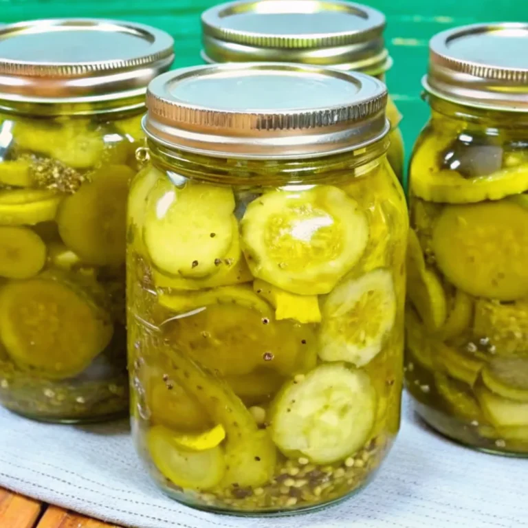 Homemade bread and butter pickles in glass jars, featuring sliced cucumbers and onions in a sweet and tangy brine, ready for canning or refrigeration.