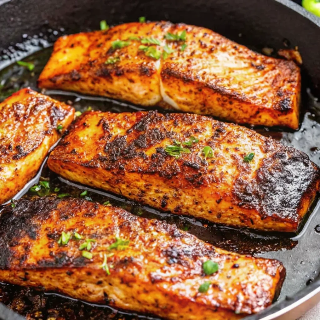 Cajun honey butter salmon fillets sizzling in a skillet, featuring a golden, caramelized crust and garnished with fresh herbs—perfect for healthy salmon recipes.