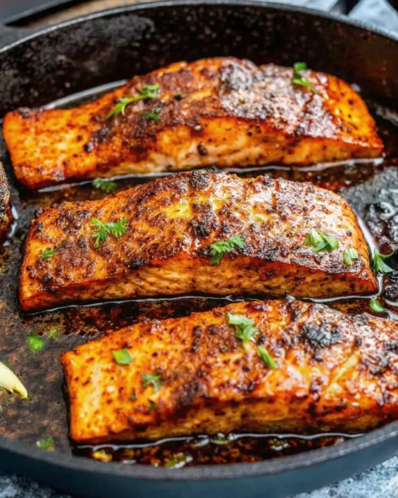 Cajun honey butter salmon fillets sizzling in a skillet, featuring a golden, caramelized crust and garnished with fresh herbs—perfect for healthy salmon recipes.