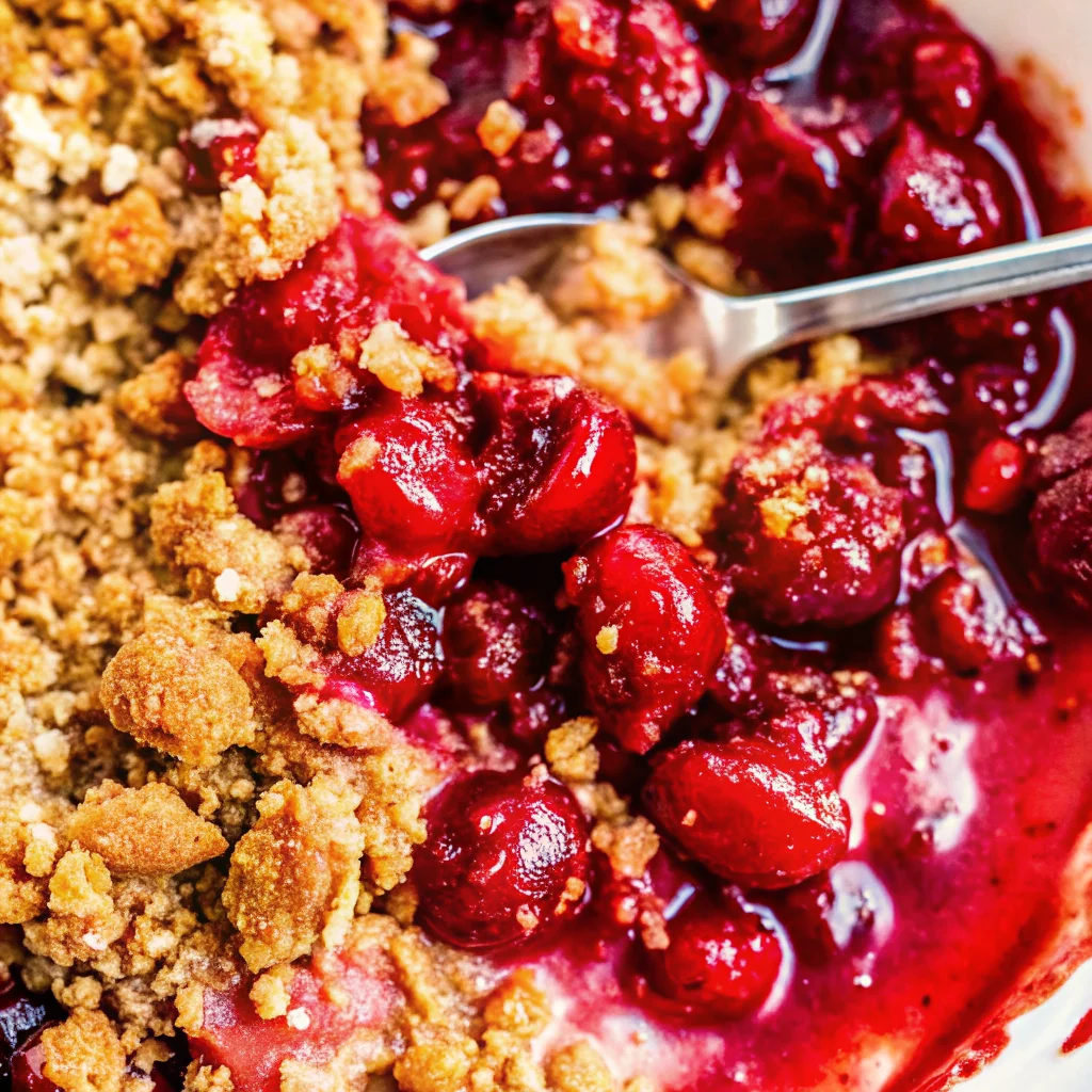 Close-up of a freshly baked cherry crisp recipe with juicy cherries and a golden crumble topping.
