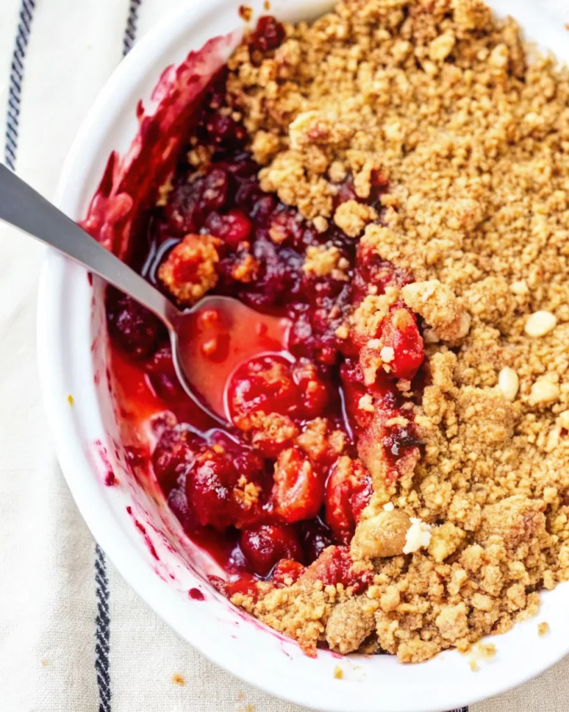 Close-up of a freshly baked cherry crisp recipe with juicy cherries and a golden crumble topping.