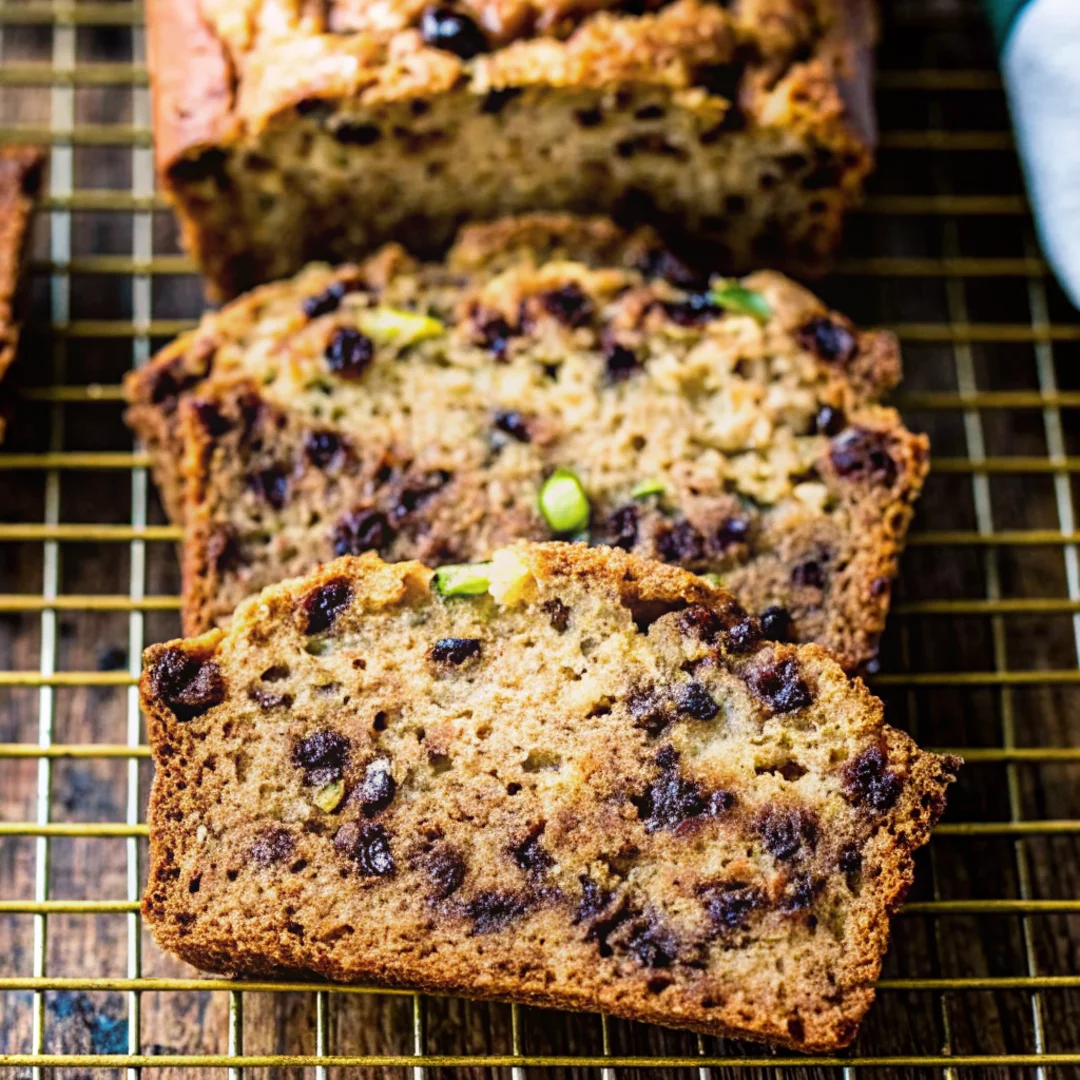 Sliced chocolate chip zucchini bread on a wire rack, showing moist texture with visible chocolate chips and zucchini pieces.