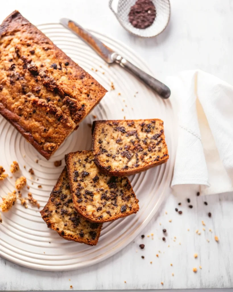 Sliced chocolate chip zucchini bread on a wire rack, showing moist texture with visible chocolate chips and zucchini pieces.