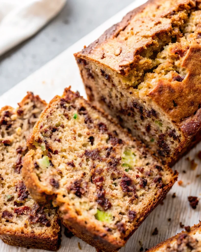 Sliced chocolate chip zucchini bread on a wire rack, showing moist texture with visible chocolate chips and zucchini pieces.
