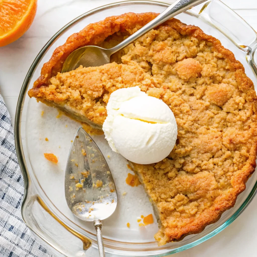 A close-up of a freshly baked crumb-topped apple pie with a golden-brown crust, served in a glass pie dish, with a scoop of vanilla ice cream on top and a pie server beside it.