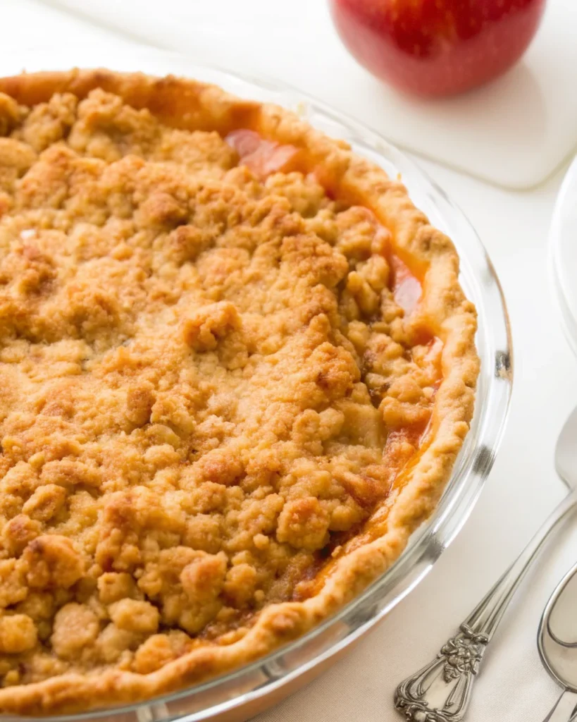 A close-up of a freshly baked crumb-topped apple pie with a golden-brown crust, served in a glass pie dish, with a scoop of vanilla ice cream on top and a pie server beside it.
