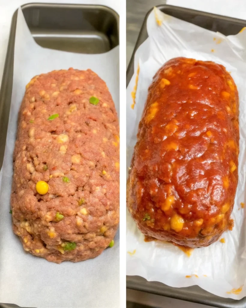 A slice of Cracker Barrel meatloaf topped with a glossy, rich ketchup glaze on a white plate, garnished with fresh parsley.