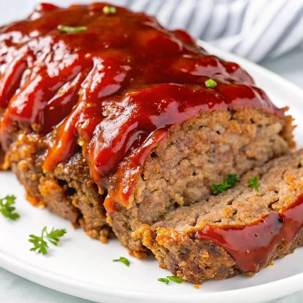A slice of Cracker Barrel meatloaf topped with a glossy, rich ketchup glaze on a white plate, garnished with fresh parsley.