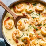 Creamy garlic shrimp simmering in a rich, golden garlic cream sauce, garnished with fresh parsley in a skillet.