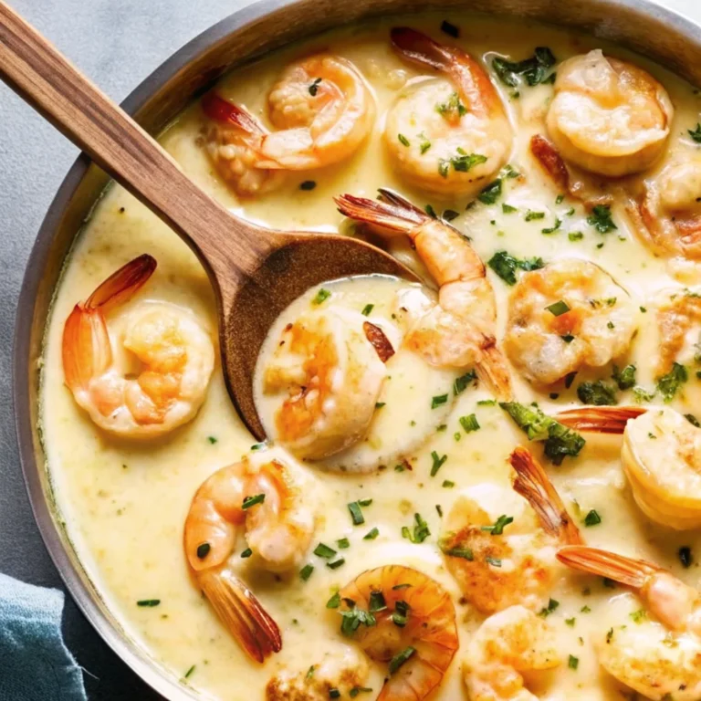 Creamy garlic shrimp simmering in a rich, golden garlic cream sauce, garnished with fresh parsley in a skillet.