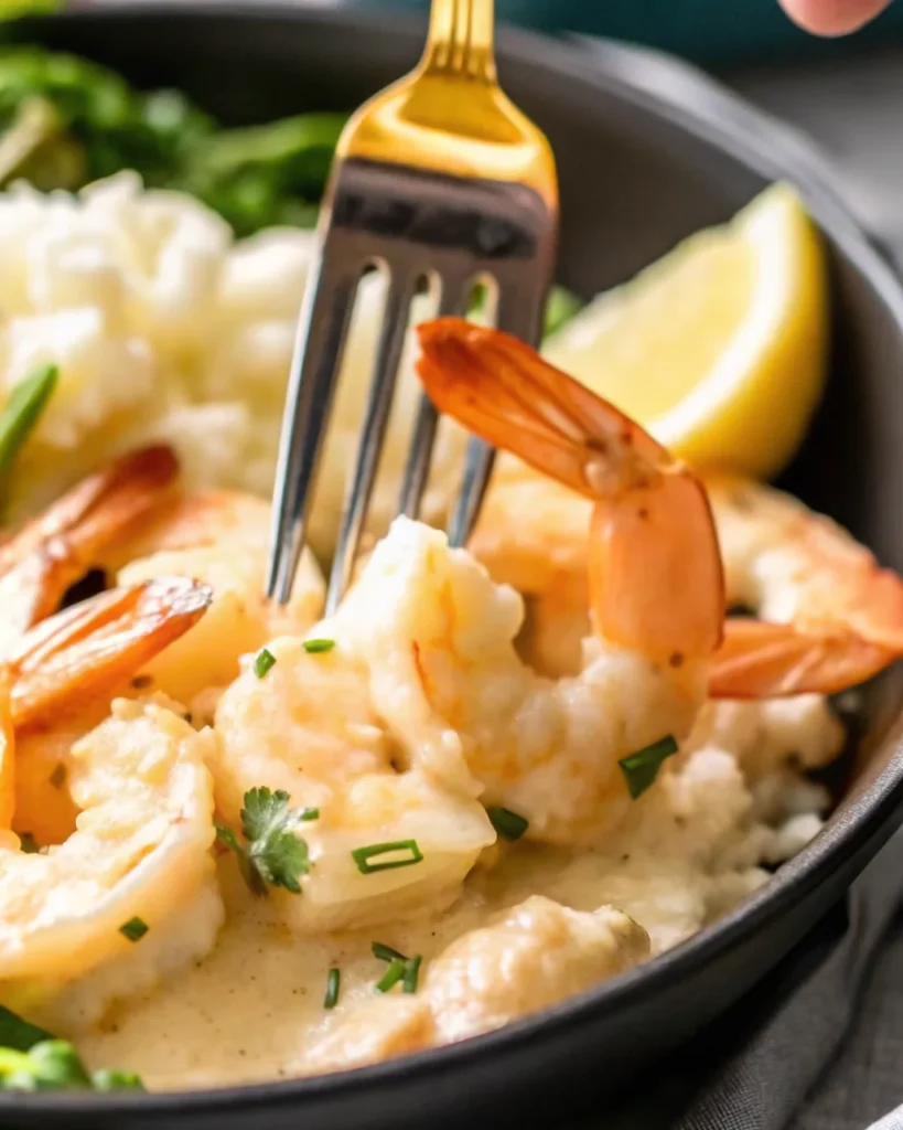 Creamy garlic shrimp simmering in a rich, golden garlic cream sauce, garnished with fresh parsley in a skillet.