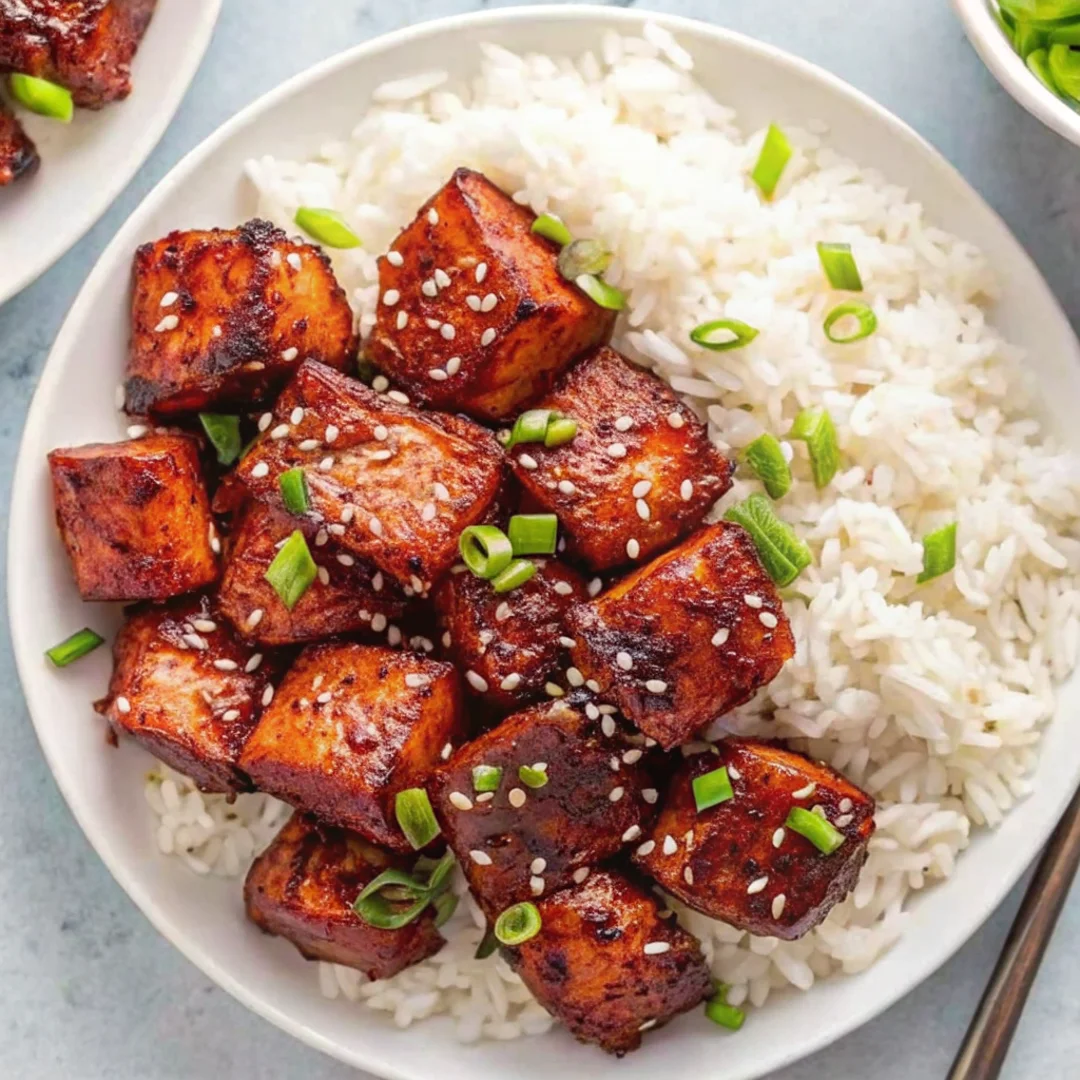 Crispy Honey Garlic Salmon Bites served on a bed of fluffy white rice, garnished with sesame seeds and green onions.