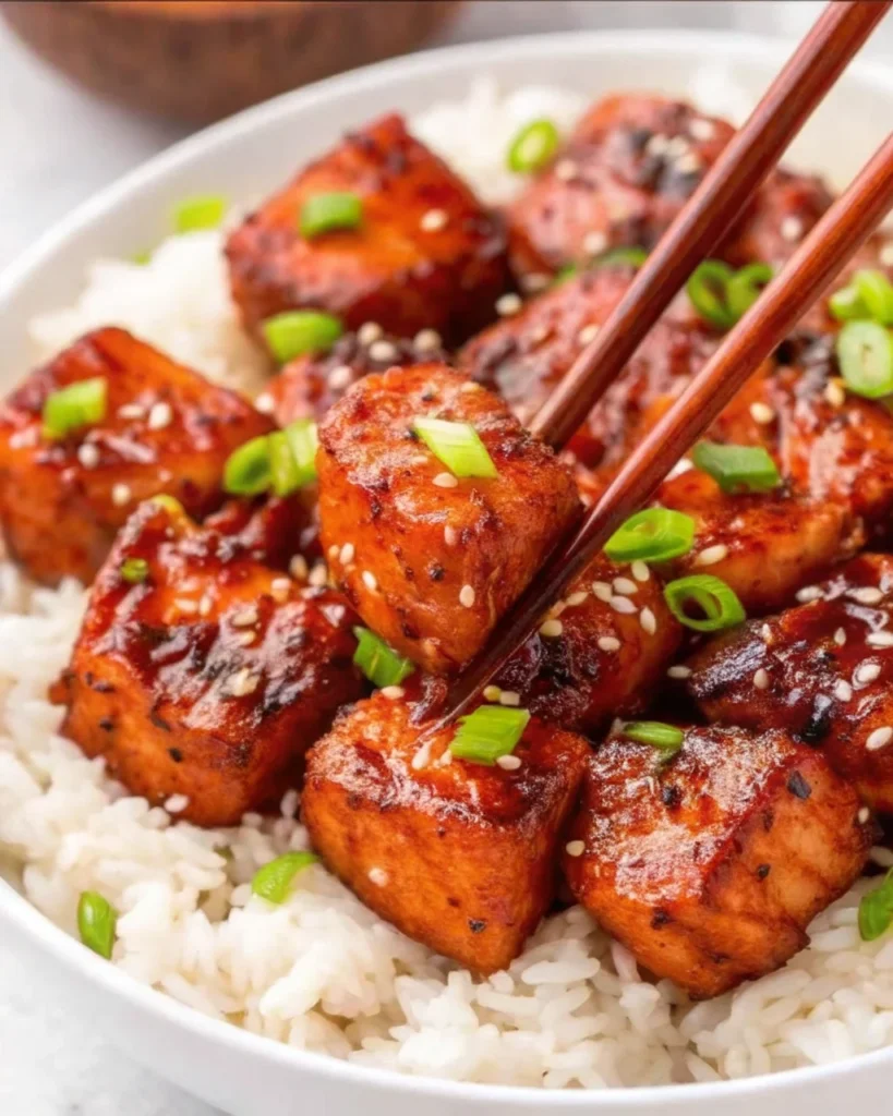 Crispy Honey Garlic Salmon Bites served on a bed of fluffy white rice, garnished with sesame seeds and green onions.