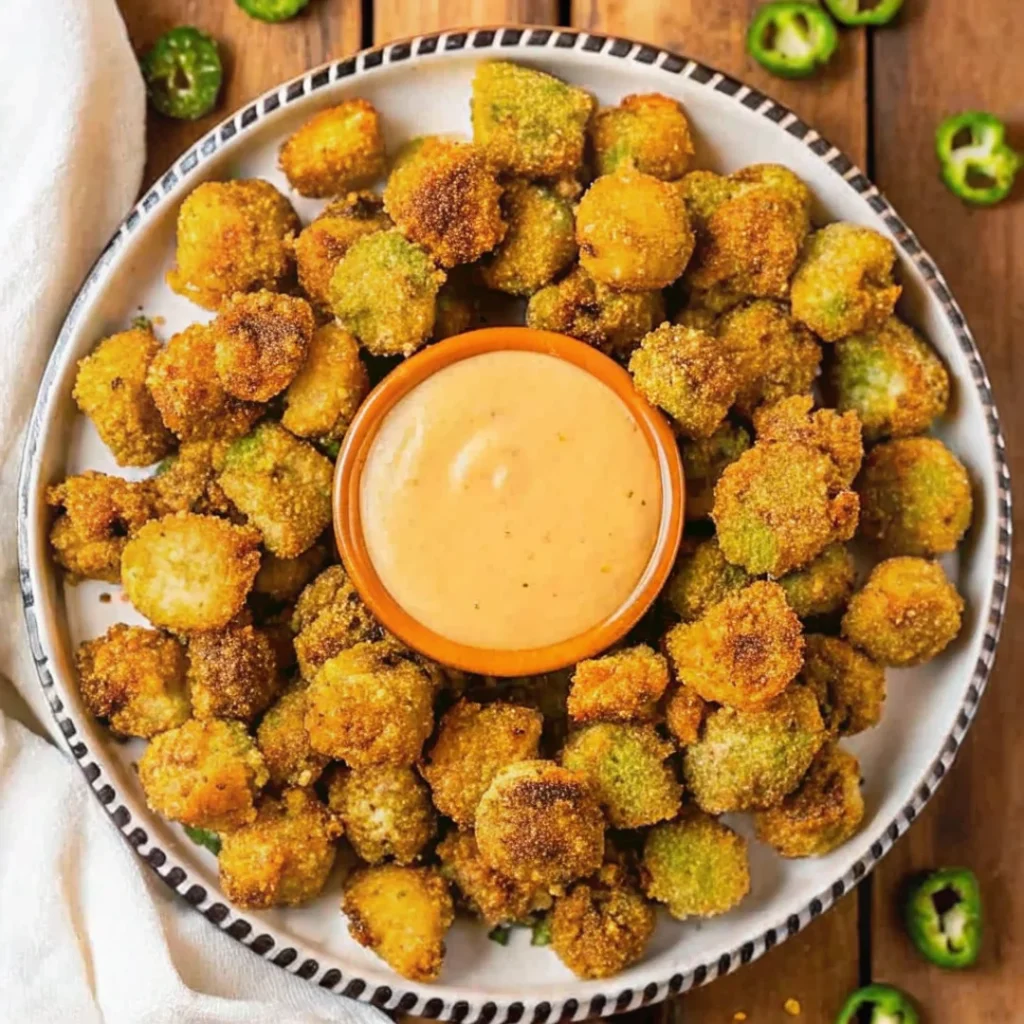 A plate of crispy pan-fried okra pieces served with a creamy dipping sauce, garnished with sliced jalapeños, showcasing a golden, crunchy Southern-style snack.