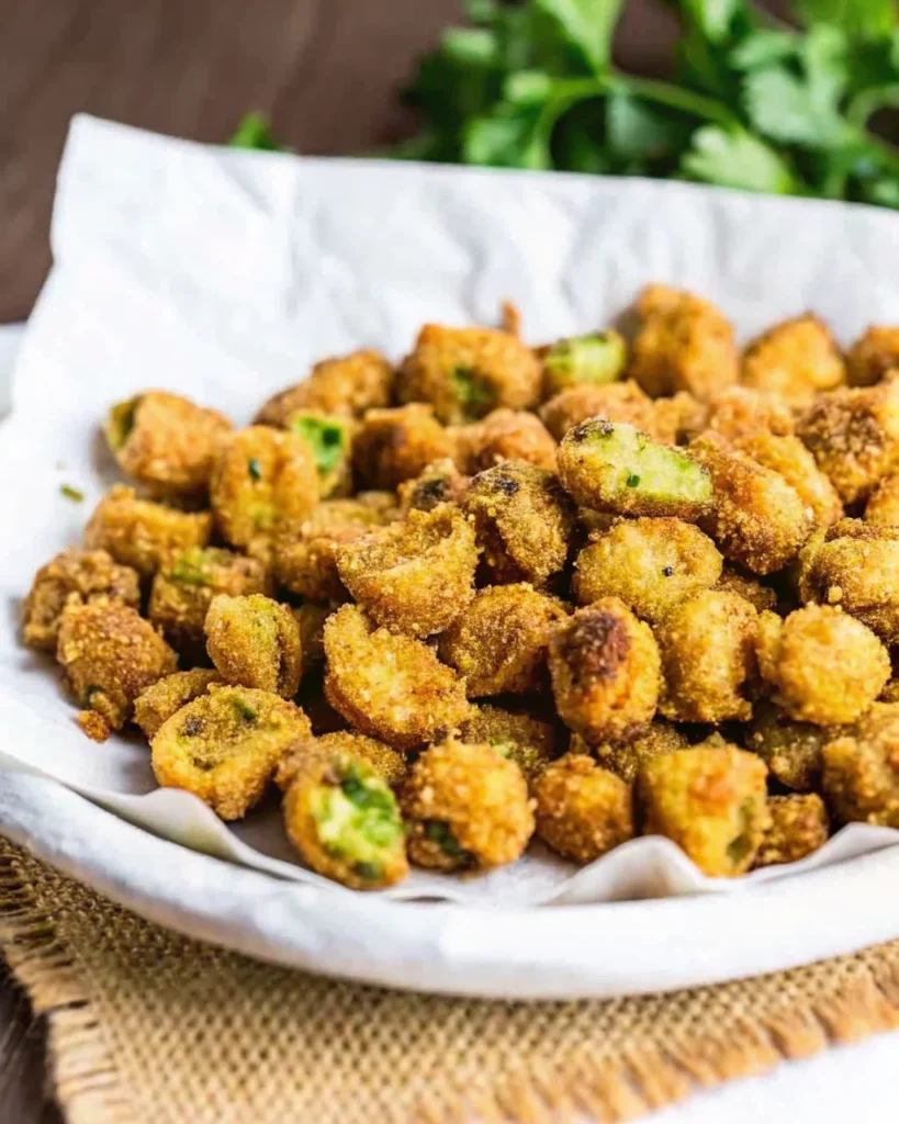 A plate of crispy pan-fried okra pieces served with a creamy dipping sauce, garnished with sliced jalapeños, showcasing a golden, crunchy Southern-style snack.