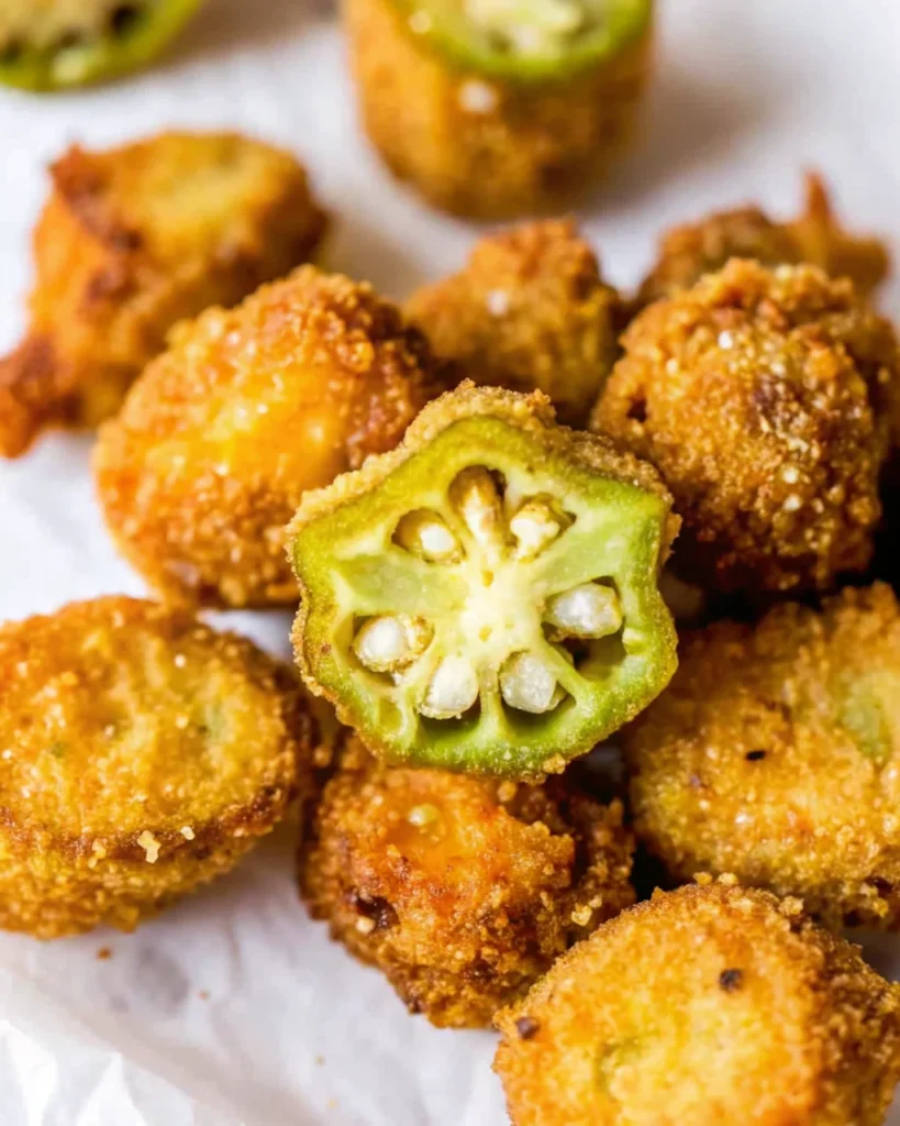 A plate of crispy pan-fried okra pieces served with a creamy dipping sauce, garnished with sliced jalapeños, showcasing a golden, crunchy Southern-style snack.