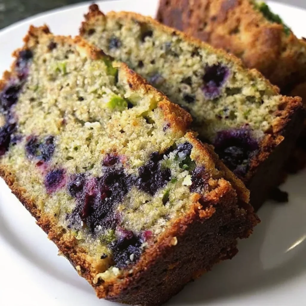 Sliced pieces of Delicious Blueberry Zucchini Bread on a white plate, showing a moist crumb with vibrant blueberries and flecks of zucchini.