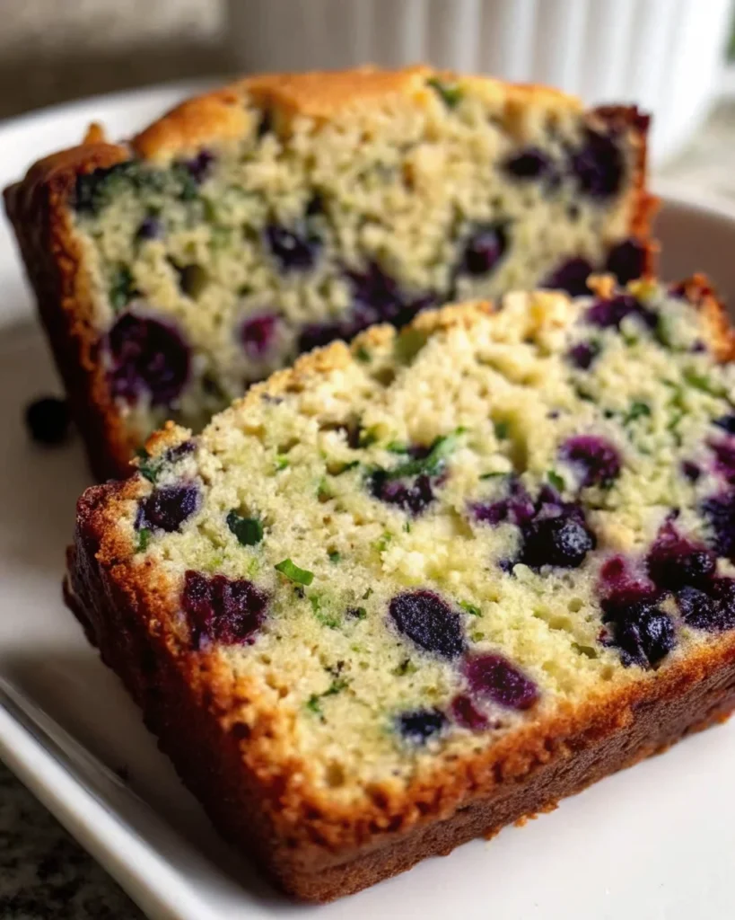 Sliced pieces of Delicious Blueberry Zucchini Bread on a white plate, showing a moist crumb with vibrant blueberries and flecks of zucchini.