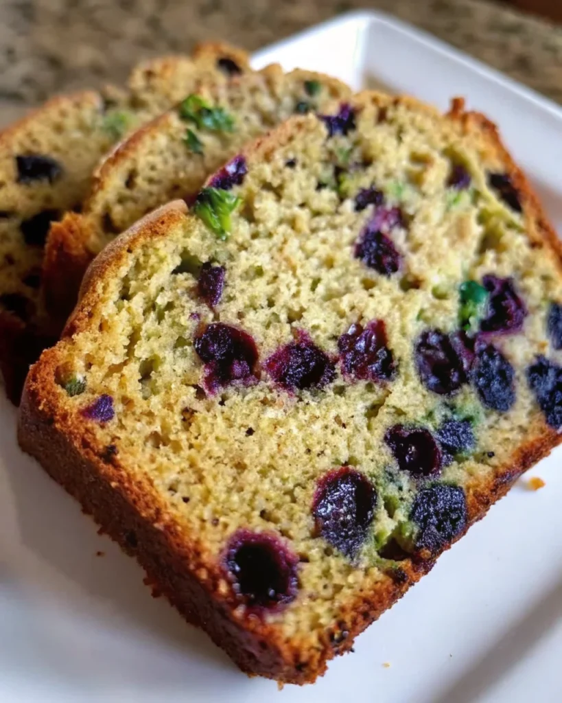 Sliced pieces of Delicious Blueberry Zucchini Bread on a white plate, showing a moist crumb with vibrant blueberries and flecks of zucchini.