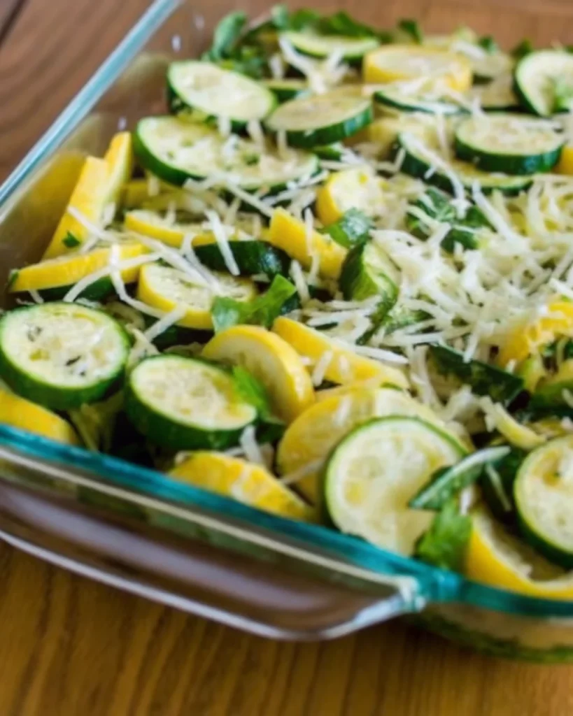 Easy Cheesy Zucchini Bake in a glass casserole dish, featuring golden, melted cheese over sliced zucchini, perfect for easy zucchini recipes and healthy family dinners.