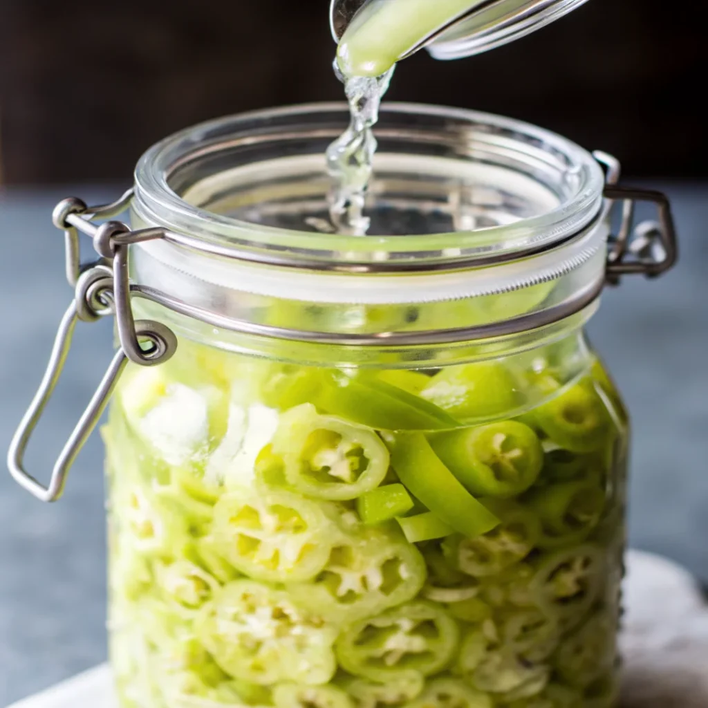 Sliced banana peppers in a glass jar being covered with clear pickling brine, ready for refrigerator pickling. The focus is on the vibrant yellow-green peppers and the pouring liquid, illustrating an easy homemade pickled banana peppers process using fresh ingredients and vinegar brine