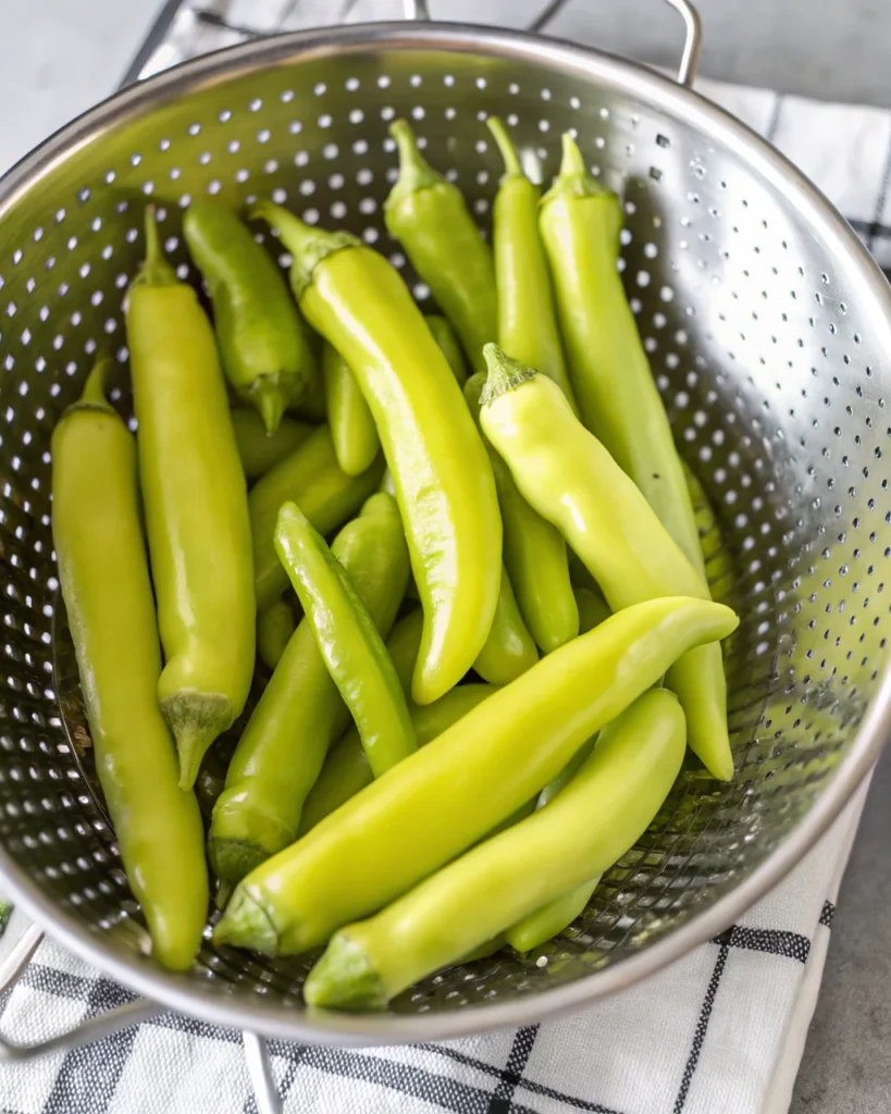Sliced banana peppers in a glass jar being covered with clear pickling brine, ready for refrigerator pickling. The focus is on the vibrant yellow-green peppers and the pouring liquid, illustrating an easy homemade pickled banana peppers process using fresh ingredients and vinegar brine