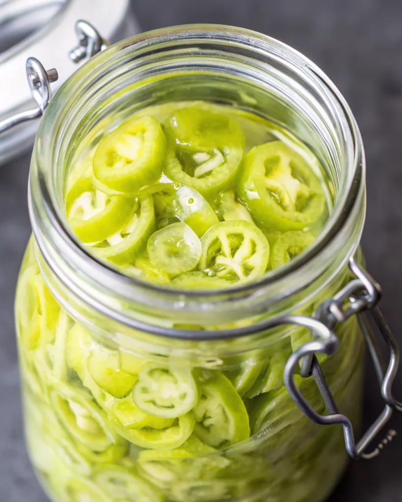 Sliced banana peppers in a glass jar being covered with clear pickling brine, ready for refrigerator pickling. The focus is on the vibrant yellow-green peppers and the pouring liquid, illustrating an easy homemade pickled banana peppers process using fresh ingredients and vinegar brine