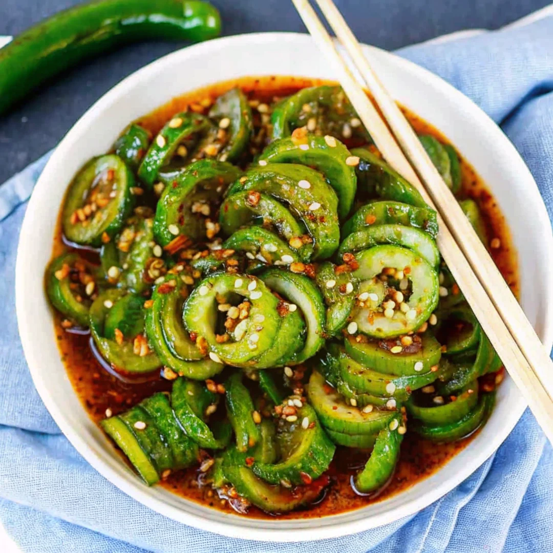 Easy Korean Cucumber Salad in a white bowl, garnished with sesame seeds and chili flakes, with chopsticks on the side.