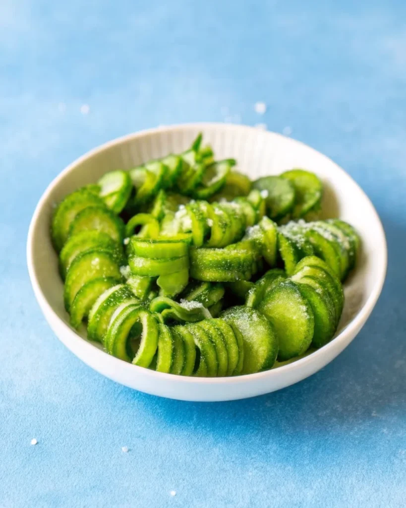 Easy Korean Cucumber Salad in a white bowl, garnished with sesame seeds and chili flakes, with chopsticks on the side.