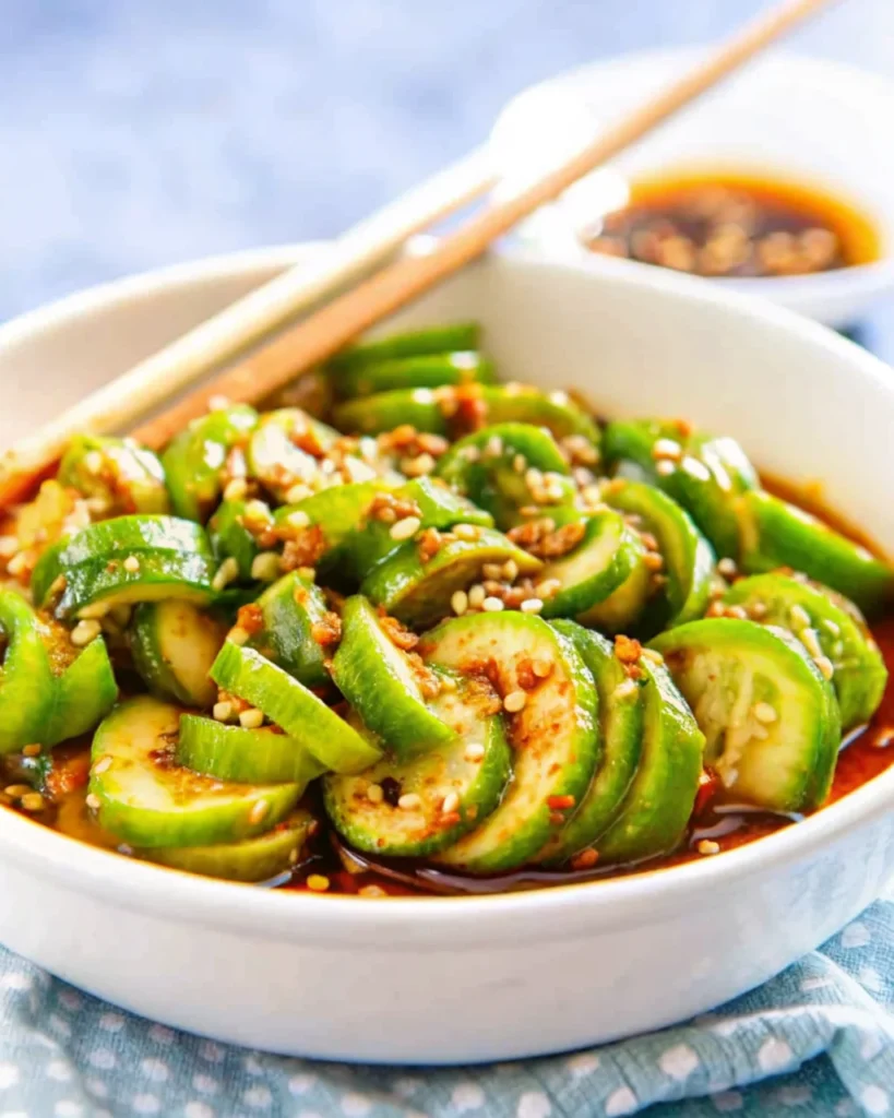 Easy Korean Cucumber Salad in a white bowl, garnished with sesame seeds and chili flakes, with chopsticks on the side.