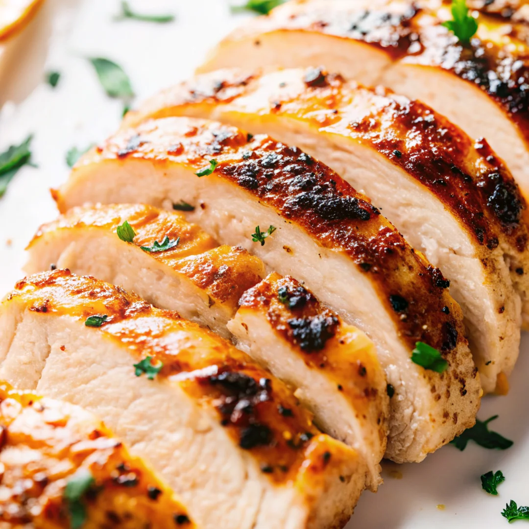 Sliced oven-roasted chicken breast garnished with fresh herbs.
