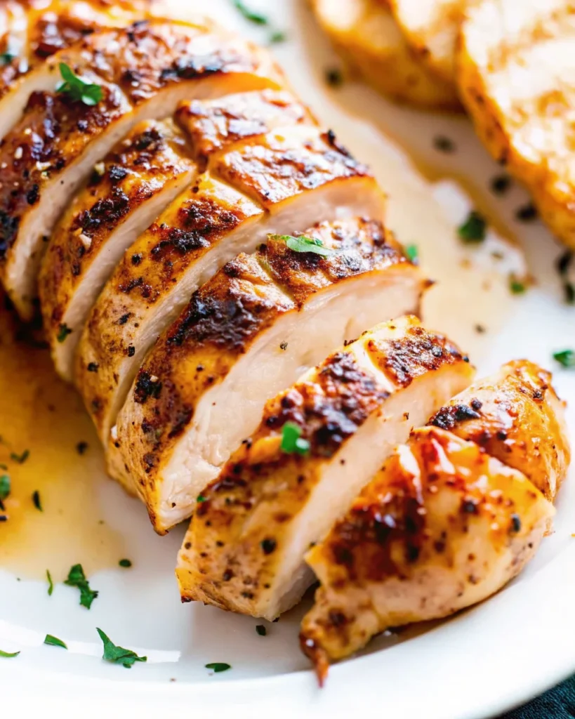 Sliced oven-roasted chicken breast garnished with fresh herbs.