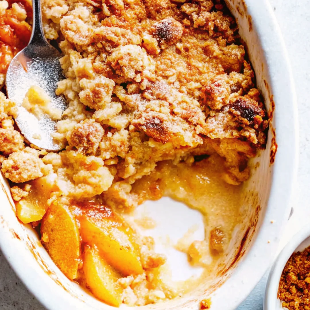 Fresh peach cobbler with golden brown biscuit topping and bubbling fruit filling served in white baking dish with vanilla ice cream scoop