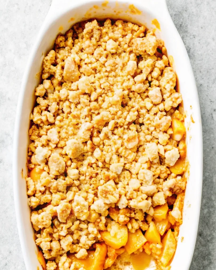 Fresh peach cobbler with golden brown biscuit topping and bubbling fruit filling served in white baking dish with vanilla ice cream scoop